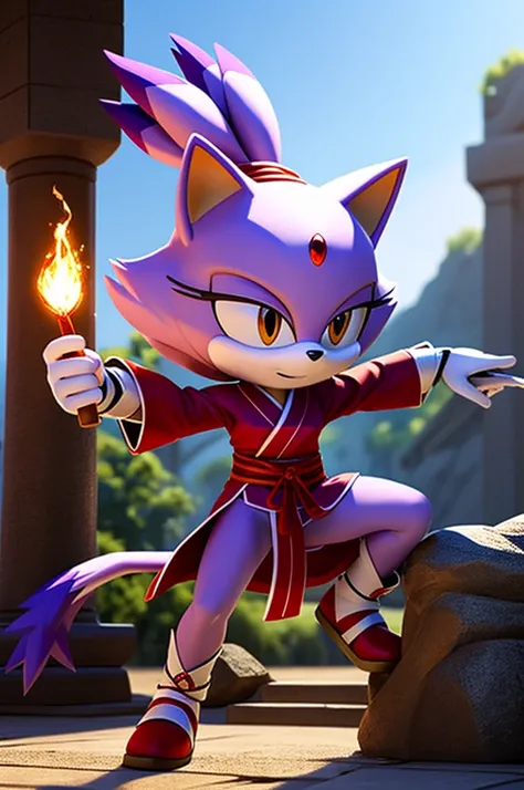 blaze the cat, wearing a red ninja outfit, Japanese robes, using fire magic, attack pose, attacking with fire, in a temple made of stones