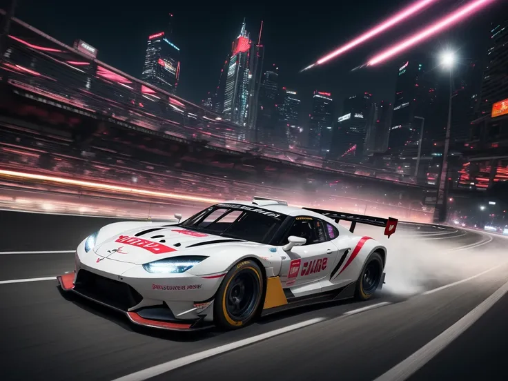 (best quality, 4k, highres, masterpiece:1.2), ultra-detailed, realistic, HDR, studio lighting, Professional, vivid colors, Physically-based rendering, extreme detail description, (Racing car, cyber Car), cyberpunk, retro, zeekars, (with glowing rims), wide...