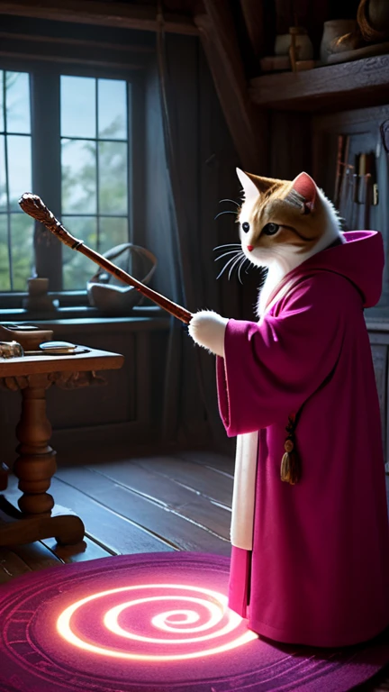 A fascinating image，Depicts a cute pink kitty wizard，Wearing a complicated robe, Holding an ancient walking stick, Hard at work in her fantastic studio, Complex runic symbols swirl around her, Apparently she was busy casting a powerful spell.. As she focus...