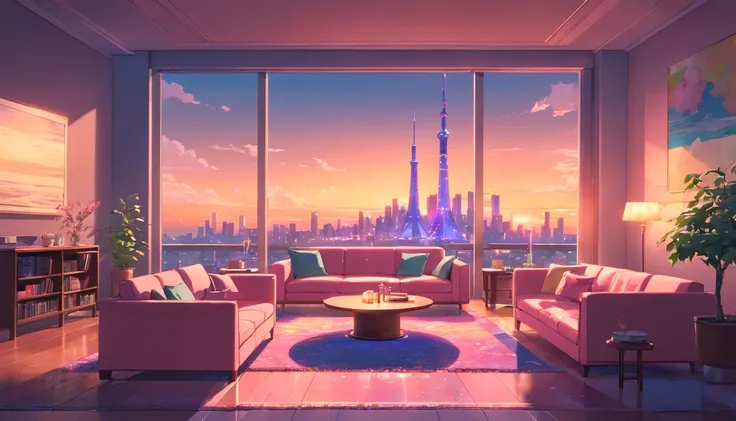 3d animation cinematic still of a large opulent living room, big windows with city view at night, crested moon, melancholic, sad vibes, pink chandeliers, pink furniture, pink roses in vases, flat screen tv in background; fire place; light pink and teal aes...