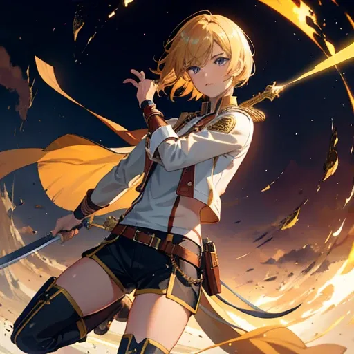 Solo, adventurer, human, male, golden hair, short  hair, straight hair, high quality, detailed, perfect face, golden eyes, young, slim, sword in scabbard, high camera angle, looking at camera, white shirt, leather jacket, form fitted clothing, shorts, tall...