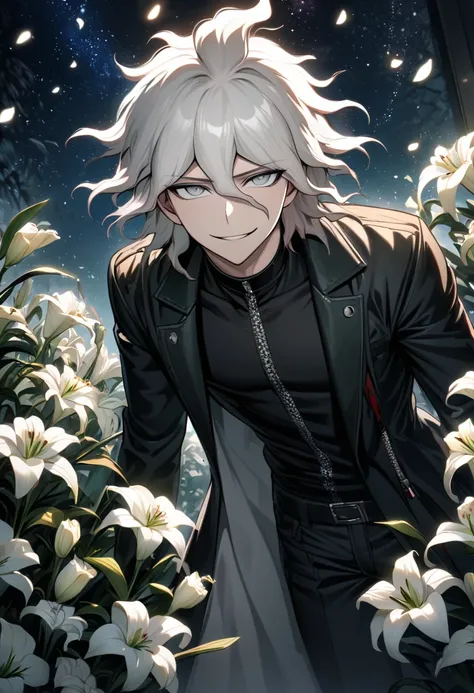 Ultra detailed, Highres, absurdres, HDR, Komaeda Nagito, silver eyes, white hair, Danganronpa, white lilies flowers, petals, handsome, 1 adult man, black long coat, black tight shirt, starry sky, smirking,