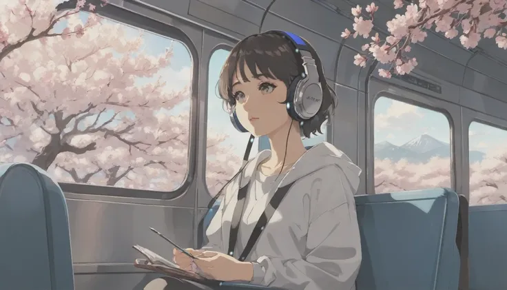 wideshot,old cartoon,on the train,woman listening to music,1 headphones,very detailed, supreme detail,lo-fi hip-hop,anime texture,solo,picture,gaze out at the outside,ultra-detailed,(best quality,4k,8k,highres,masterpiece:1.2),realistic,photorealistic:1.37...