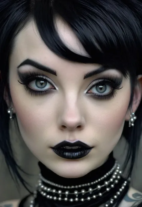 hyper realistic photo perfect goth girl, sexy seductive facial features, tattooed face, smooth snow white skin, thin curved blac...