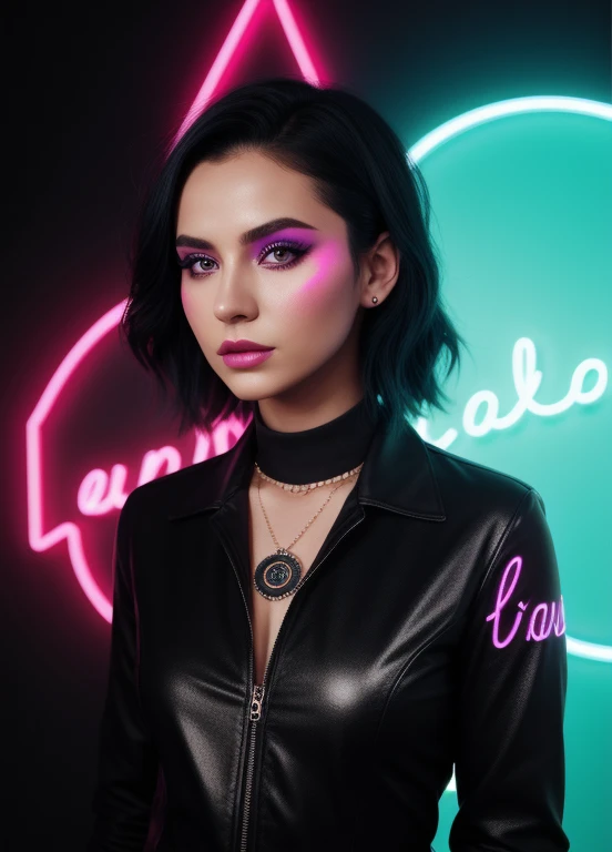 A striking 3D render by MonicaAriana that showcases her exceptional talent in blending fashion, photography, and art. The artwork features a captivating black woman wearing a bold black and neon pink and blue optical word "neon" art pattern tattoo. The tat...