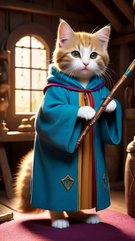 A fascinating image，Depicts a cute rainbow-colored kitten wizard，Wearing a complicated robe, Holding an ancient walking stick, Hard at work in her fantastic studio, Complex runic symbols swirl around her, Apparently she was busy casting a powerful spell.. ...