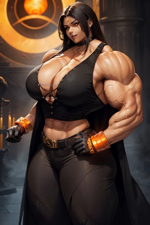 ((((Massive tall, beautiful, buff, light brown skinned muscular goddess woman with black hair, black lipstick, ginormous bulky muscles, wearing an half button down long black coat with black pants)))), close view, (Straight long hair), (glowing orange eyes...