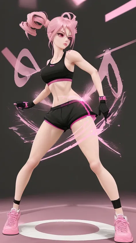 Beautiful woman, 1 girl, pink hair woman, fighting stance, black pantyhose, black gloves, sports bra, jewelry, shorts, J thighs. pink hair, drills, asymmetrical hair, full body photo, full figure, wearing sports shoes, shoes black andpink strip, 3d animati...