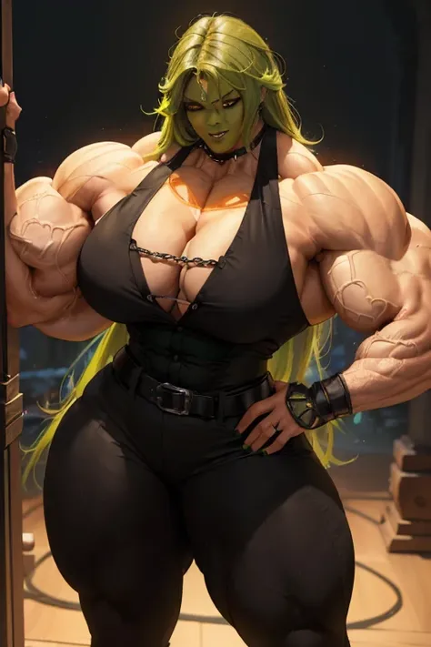 ((((Massive tall, beautiful, buff, light brown skinned muscular goddess woman with green hair, black lipstick, ginormous bulky muscles, wearing an half button down long black coat with black pants)))), close view, (curvy long hair), (glowing orange eyes), ...