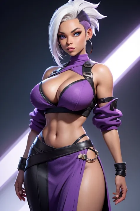 Nia Long as ororo munroe black skin, punk white mohawk hair , blue eyes, big breasts, ethnic purple long skirt!, cotton beige sweater with a large cleavage and exposed shoulders,  covered navel, cropped legs, cotton, black skin, front view!, purple long sk...