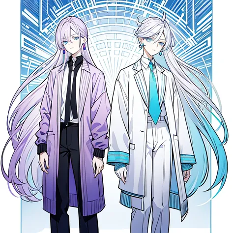 Androgynous guy with very long lilac, gradient hair and amber eyes looking unimpressed. Hes wearing a soft blue cardigan, casual pants with opal stick earrings on his ears.