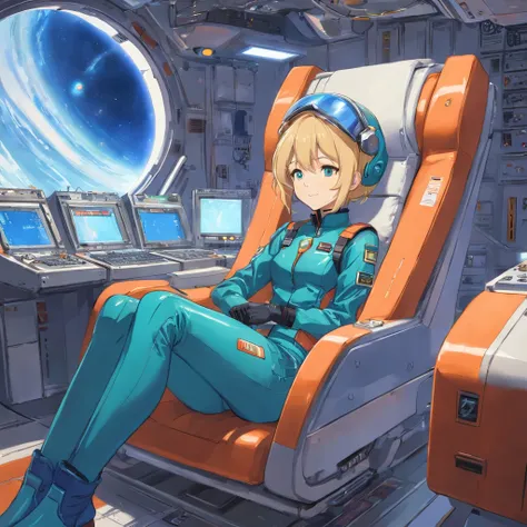 obra maestra, Female 17 years old, (rubia), (pelo corto), ojos azules, sonriendo levemente, dressed in latex space uniform with heeled boots, de pie, (cuerpo entero), resting on spacecraft cargo bay, piso mojado