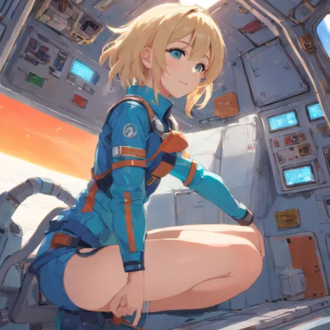 obra maestra, Female 17 years old, (rubia), (pelo corto), ojos azules, sonriendo levemente, dressed in latex space uniform with heeled boots, de pie, (cuerpo entero), resting on spacecraft cargo bay, piso mojado