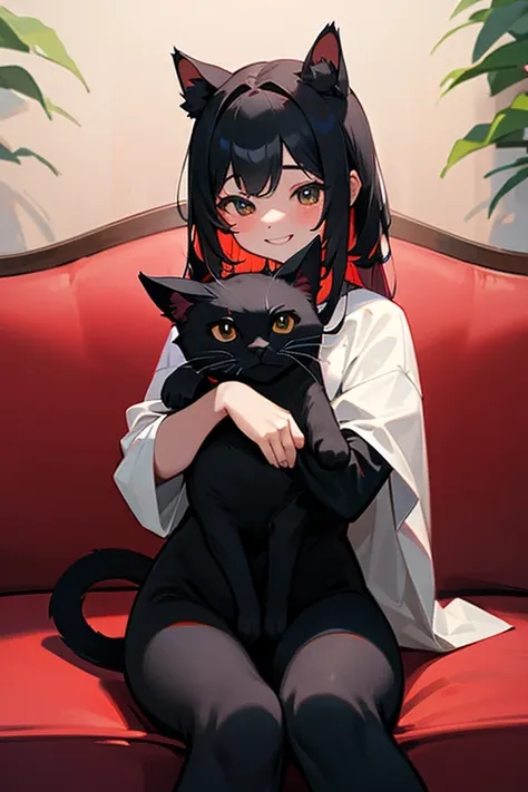 Black cat on lap、Hug a black cat、Pink Girl、cute、Red cheeks、smile、The background is a sofa at home