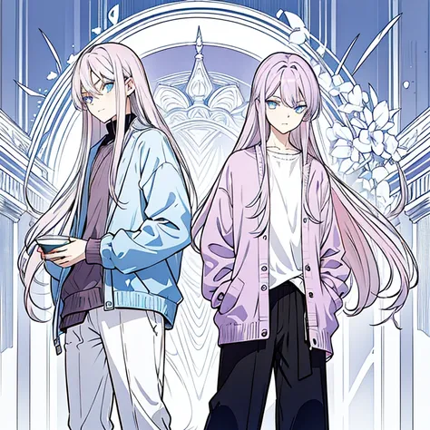 Androgynous guy with very long lilac hair and amber eyes looking unimpressed. Hes wearing a soft blue cardigan and casual pants. The background is cafe.