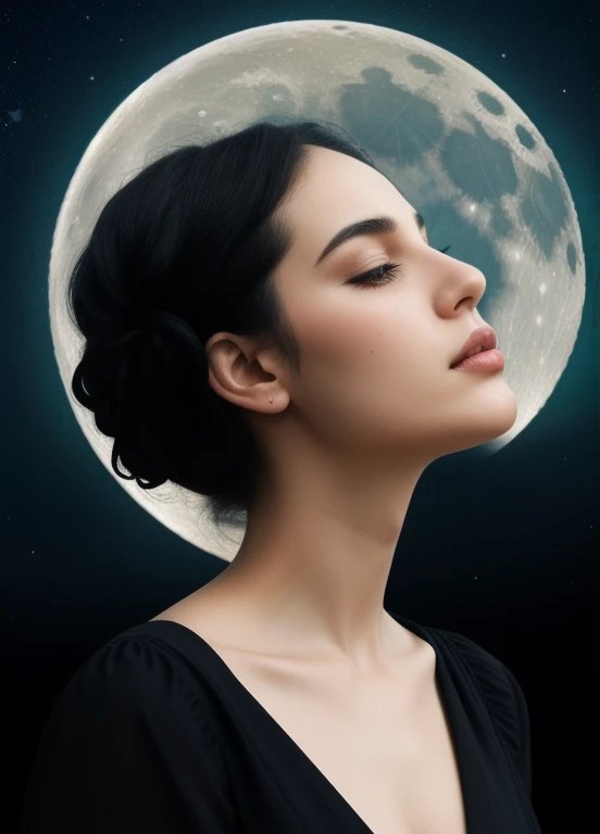 A hauntingly beautiful minimalist scene in the style of Tim Burton with a touch of Art Nouveau. Imagine a desolate landscape bathed in the ethereal glow of a crescent moon. The negative space of a womans elegant profile is formed against the darkness. Her ...