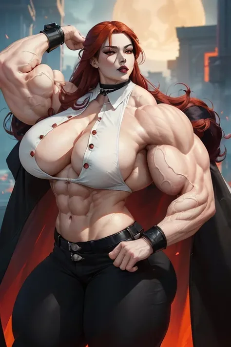 (((((Massive tall, beautiful, buff, pale white skinned muscular asian goddess woman with red hair, black lipstick, ginormous bulky muscles, wearing an half button down long black coat with black pants))))), close view, (long hair), (glowing yellow eyes), c...