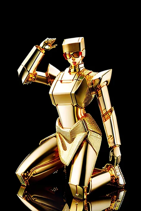 5 8K UHD、A mechanical beauty in a gold metallic body wearing glasses is kneeling、A silver metal robot with shiny skin