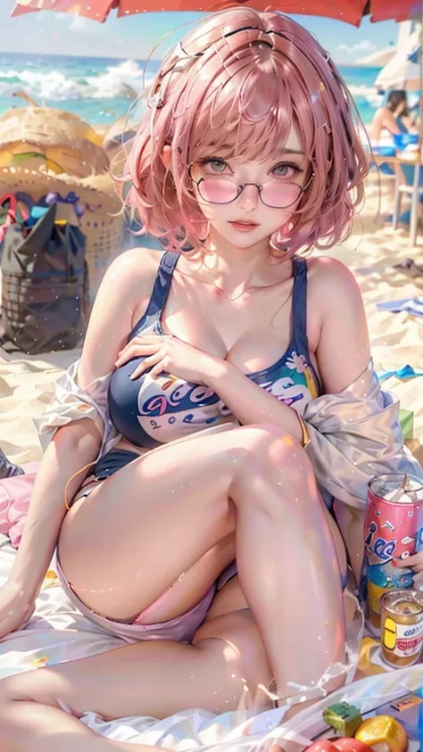 masterpiece, best quality, 1 girl, beach, sitting on a beach towel, short hair, Glasses, t-shirt, shorts, have, blush, summer, soda can, Bag，Beautiful breasts、Huge breasts:1.4，Full breasts