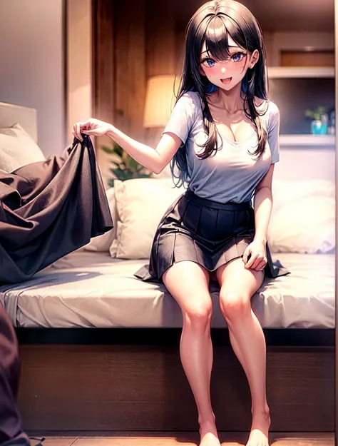 ((highest quality)), ((masterpiece)), ((Perfect Face))、((the skirt is rolled up))、Black Hair、Long Straight Hair、orgasm、Flushed face、Ahegao、color shirt、it with your legs stretched out