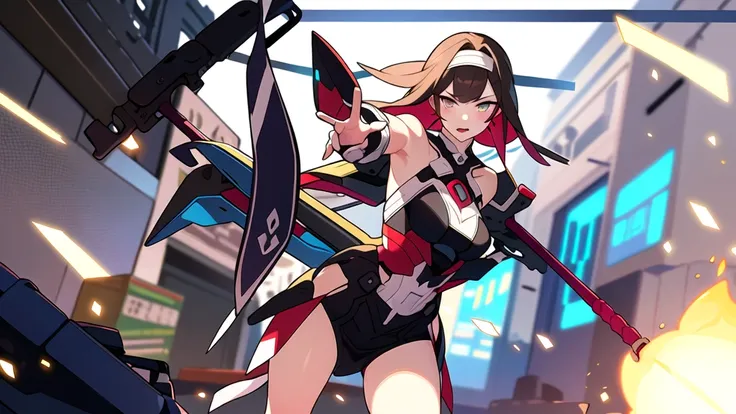 colorful , masterpiece, best quality, 1girl, weapon, solo, holding weapon, ((blurry background)), bare shoulders, combat, facing away,
