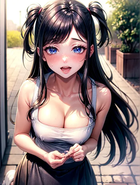 ((highest quality)), ((masterpiece)), ((Perfect Face))、((the skirt is rolled up))、Black Hair、Long Straight Hair、orgasm、Flushed face、Sweaty all over、Ahegao、Naked Apron