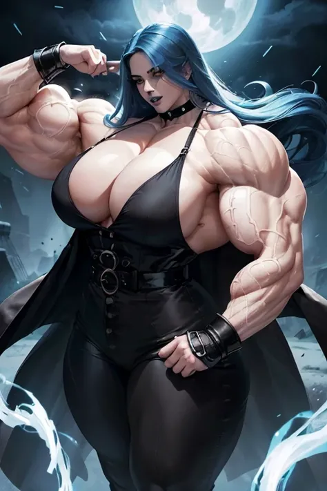 (((((Massive tall, beautiful, buff, pale white skinned muscular goddess woman with royal blue hair, black lipstick, ginormous bulky muscles, wearing an half button down long black coat with black pants))))), close view, (long curly wavy hair), (glowing whi...