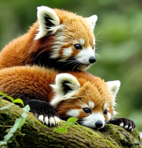 red panda lying on a fluffy cloud、place your hands under your head、close your eyes、she seems to be having a happy dream..。laughi...