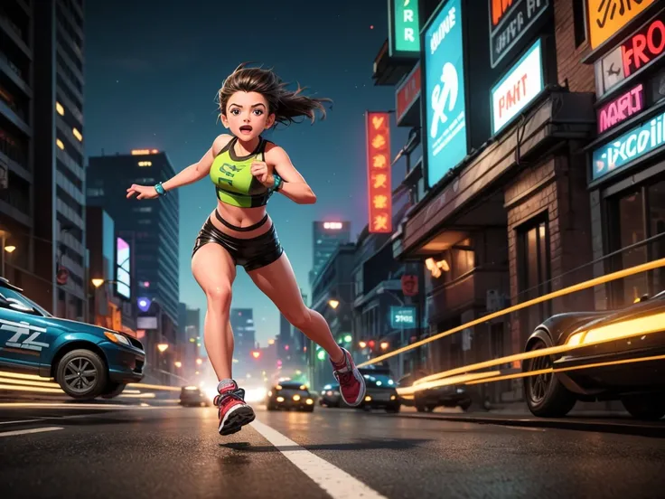 (best quality,4k,8k,highres,masterpiece:1.2),ultra-detailed,(realistic,photorealistic,photo-realistic:1.37),running,escaping,bright-colored,blurry motion,Police car chase,street,night scene,dynamic lighting,teenage girl,vibrant colors,energetic,adventure,f...