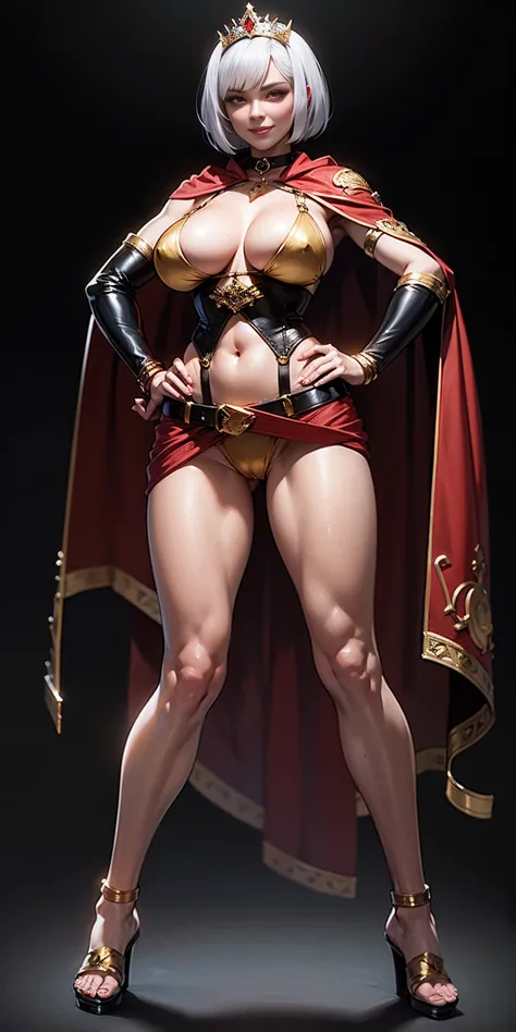 ((BLACK BACKGROUND,1:2, masterpiece)), full body MILF BIMBO standing with two long thighs and two high heels, red eyes, silver white hair, short bob style hair, big breasts, cleavage, separate sleeves, tiara royal, long cape up to two feet, yellow bikini, ...