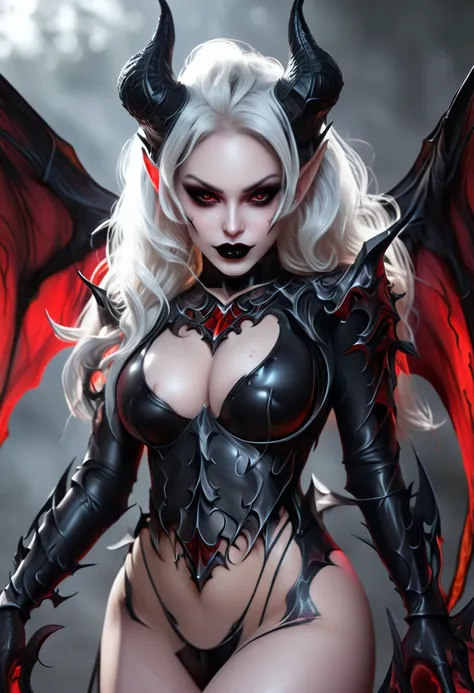 Realistic Beautyfull evil demonic sexy demented devil women,beautiful seductive facial expression,gorgeous facial features, highly detailed pale skin, large curled devil horns, realistic long luscious hair, think curved jet black eyebrows, long luscious ey...