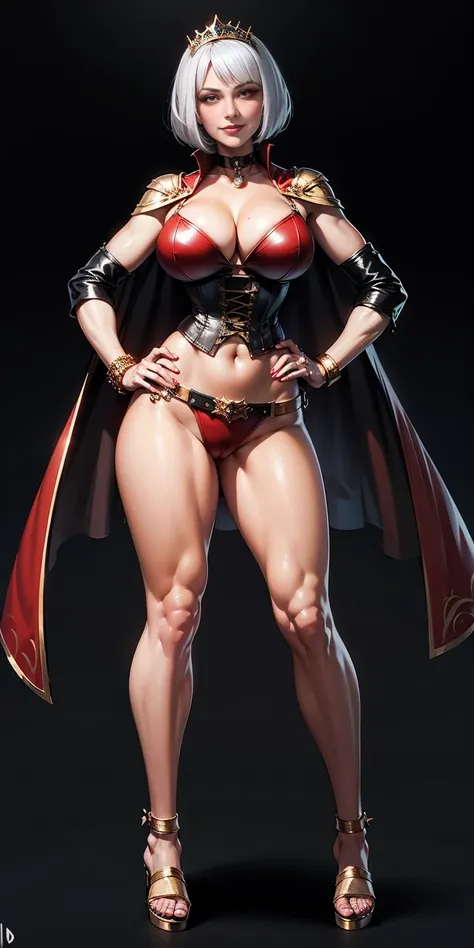 ((BLACK BACKGROUND,1:2, masterpiece)), full body MILF BIMBO standing with two long thighs and two high heels, red eyes, silver white hair, short bob style hair, big breasts, cleavage, separate sleeves, tiara royal, long cape up to two feet, yellow bikini, ...