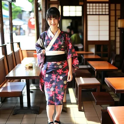 wearing a Japanese kimono、Length is 25cm above the knee、I work as a waitress at an izakaya.、Panties are visible、