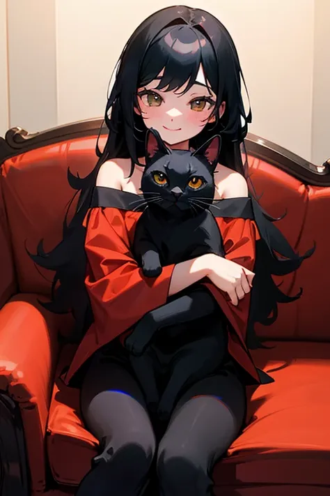 Black cat on lap、Hug a black cat、Off-the-shoulder girls、cute、Red cheeks、smile、The background is a sofa at home