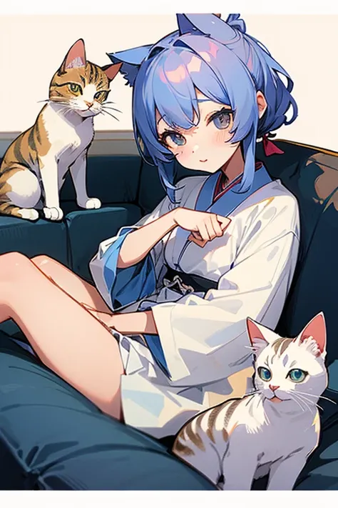 Cat jarashi、Cat jarashiを女の子が持つ、Cats play、cute、The background is a sofa at home