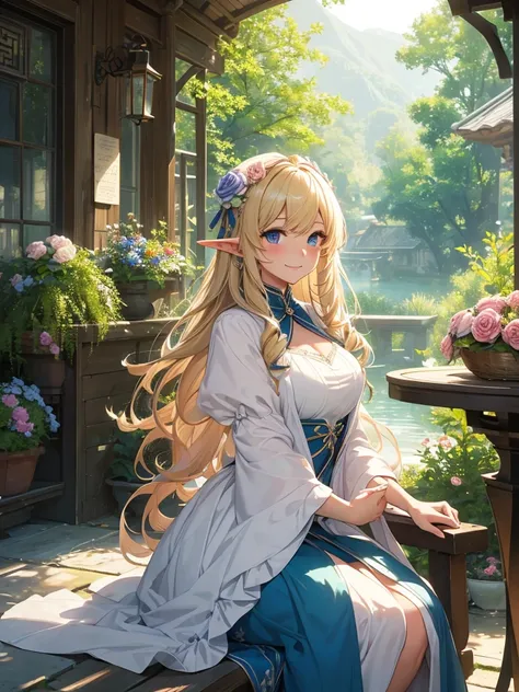 最high quality、Best image quality、masterpiece、Beautiful Face、、Titania、View from the side、Super beautiful elf girl((22 years old)Sitting in a chair、 Large Bust、Bust 90,Beautiful long ironed hair、blonde、height: 165cm。thin、Beautiful dress、cowboy shot,、Esbian、....