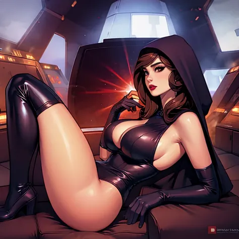 La mujer, sith, ropa corta, poca ropa,ropa  stockings, medias, star wars, death star, muy detallado, Realistic long-term photography., 4k, pelo largo, brown hair, By the chestnut, labios rojos, hood, capucha, sexy,red lips, brown eyes, big breasts, pechos ...