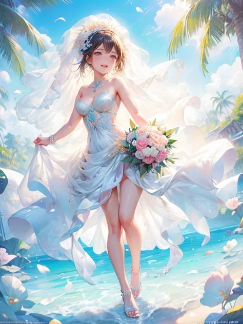 (((full body shot, 1girl , solo))):1.2, (best quality, highres,masterpiece:1.2, 8k, ultra-details:1.2, photorealistic:1.37), cute girl in  bright and sunny sandy beach wedding, pure white swimware that resembles a wedding dress, bangs, beautiful ultra-deli...