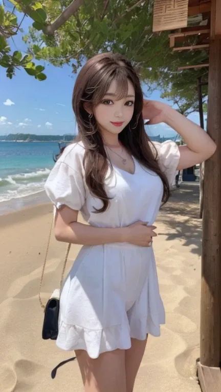 At the Beach白いトップスと青いショートパンツを着たアラフィフの女性, beautiful south Korean women, Korean Girls, gorgeous young Korean women, beautiful Asian Girl, beautiful young Korean women, It&#39;s hot with the shining sun, Japanese Goddess, Gorgeous Chinese Model, At the Beach,...