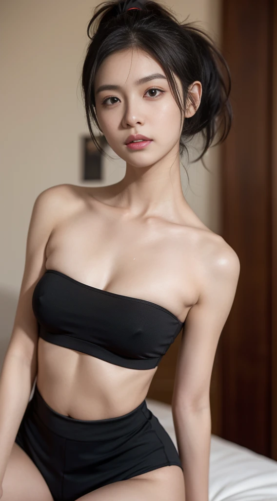 (One Person:1.6), (Quarter Front View Shot:1.4), (A Gorgeous 20 Years Old Japanese Female Model), skinny slim body,(High Ponytail Black short Hair:1.4), (Athletic Body Builds), (Pale Skin:1.4), (Detailed Oily and Sweaty Skin:1.4), (Wearing Black Strapless ...