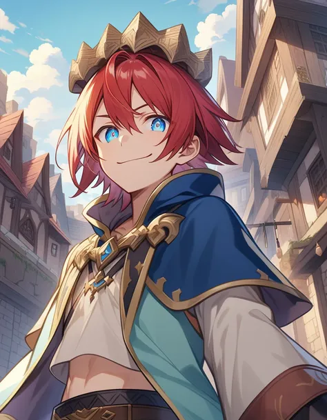 (absurdres, highres, ultra detailed), 1 boy , handsome teen boy character from pc game Ragnarok Online, pastel colors, detailed red hair with detailed ornaments on head , detailed short hair, anime eyes, bangs, detailed warlock clothes with blue cape with ...