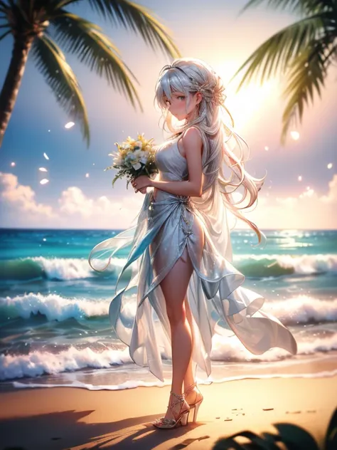 (((full body shot, 1girl , solo))):1.2, (best quality, highres,masterpiece:1.2, 8k, ultra-details:1.2, photorealistic:1.37), cute girl in  bright and sunny sandy beach wedding, pure white swimware that resembles a wedding dress, bangs, beautiful ultra-deli...