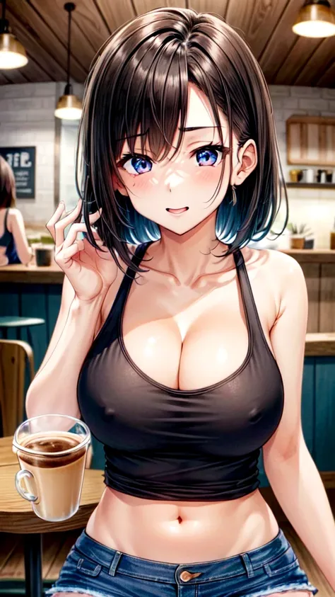 (realisitic、hight resolution:1.3)、1 girl with a perfect figure、Super thin face and eyes、shorth hair、Tank Tops:1 in random color.2、Short jeans、in a cafe、coffee on table、Colossal tits、Exposed cleavage