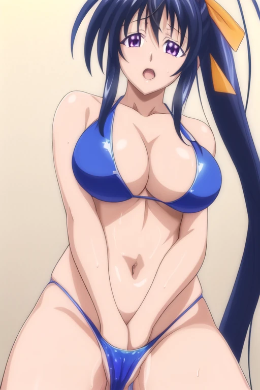 himejima akeno, black hair, pink eye, とても長いhair,hair_between_eye,ponytail,黄color_hair_ribbon,blue bikini，Quite embarrassing，
1 girl, 20 years,young woman,beautiful Finger,beautiful long legs,beautiful body,beautiful Nose,beautiful character design, perfect...