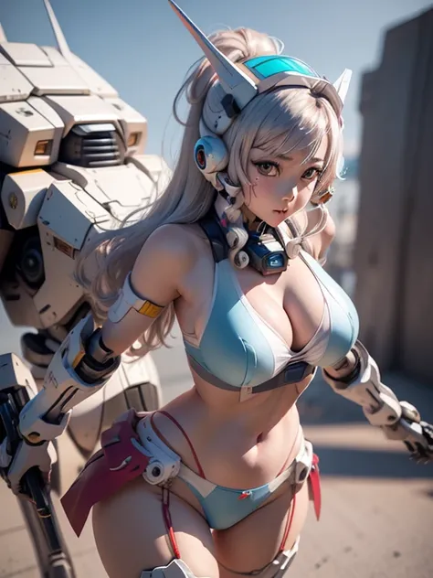 {(Japanese young girl)}, ((Wearing a futuristic Gundam mecha)),(She is fused with Gundam), with headgear, With V fins , ((unarmored cleavage)), ((unarmored stomach)), ((Unarmored upper arms)), ((Unarmored Face)), (unarmored hand), (unarmored waist), ((Unar...