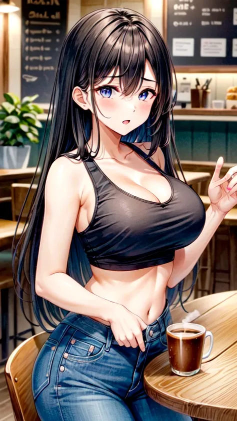 (realisitic、hight resolution:1.3)、1 girl with a perfect figure、Super thin face and eyes、long  hair、Tank Tops:1 in army color.2、Short jeans、in a cafe、coffee on table、Colossal tits、Exposed cleavage