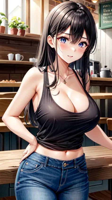 (realisitic、hight resolution:1.3)、1 girl with a perfect figure、Super thin face and eyes、long  hair、Tank Tops:1 in army color.2、Short jeans、in a cafe、coffee on table、Colossal tits、Exposed cleavage