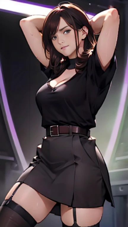 Black Skirt, Square neck shirt, Brown hair Gray eyes, Garter belt on the legs, Tight clothing, 　　 internal　Armpit sweat　　Dark look　huge 、Big Breasts、Cleavage、Thighs