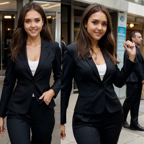 Jessica Alba dressed in a blazer and dress pants smiling