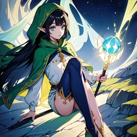 Crie, an elf woman with short black hair, olhos amarelos com uma estrela dourada neles, your gender is feminine, ela transmite uma tristeza profunda, wears a green cloak with hoods and a white thermal blouse,with dark navy blue shorts and navy blue tights,...